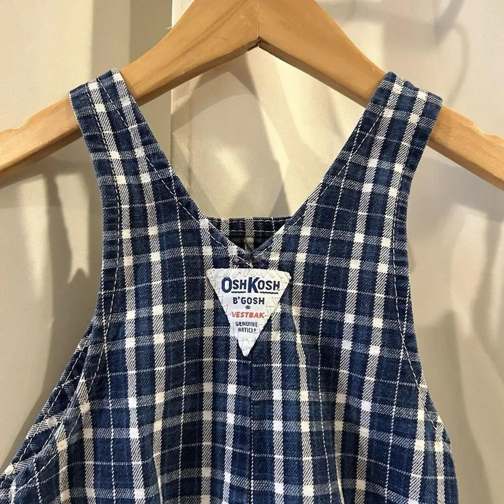 OshKosh Vintage‎ 6-9 Months Vestbak Baby Blue Plaid Footed Overalls Made in USA